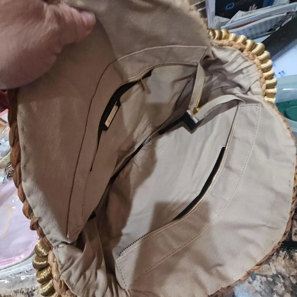 Sam Edelman Round Woven Straw Tote Bag with Decorative Tassels and Coin Accents